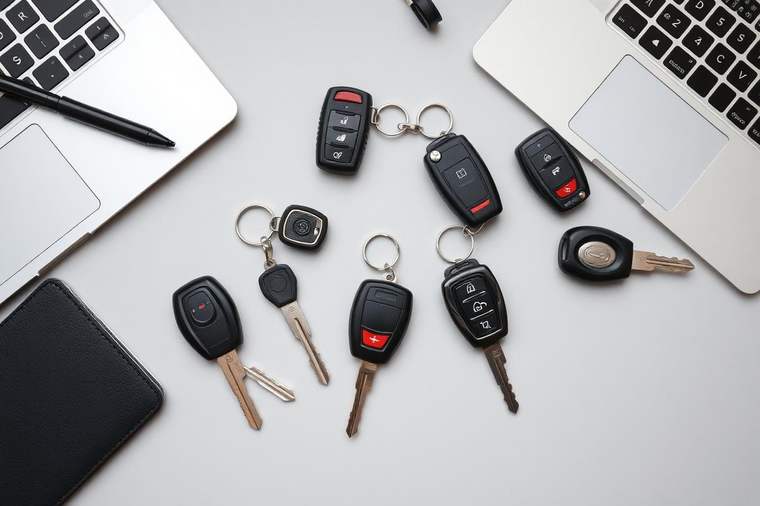 Different car key types laid out for a guide about what to do after losing your car keys